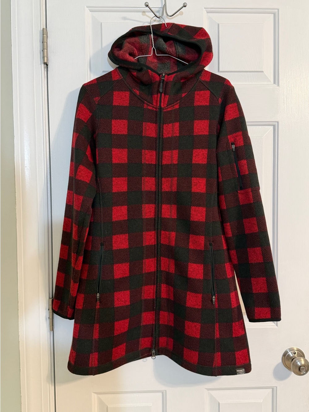 LL Bean Sweater Fleece Coat Red Black Buffalo Hooded Casual Layering Medium
